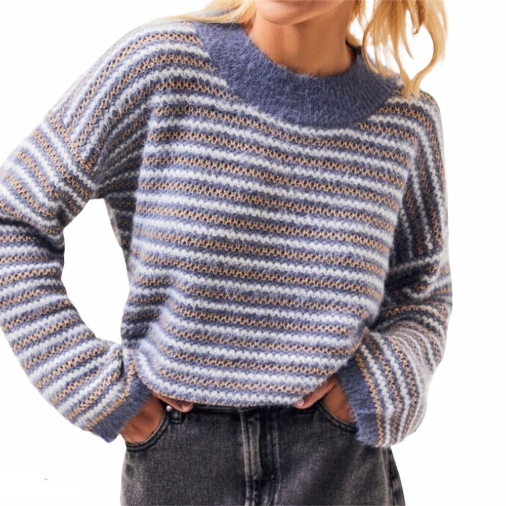 RAGA Beach Club Blue And White Metallic Striped Oversized Sweater Size Large